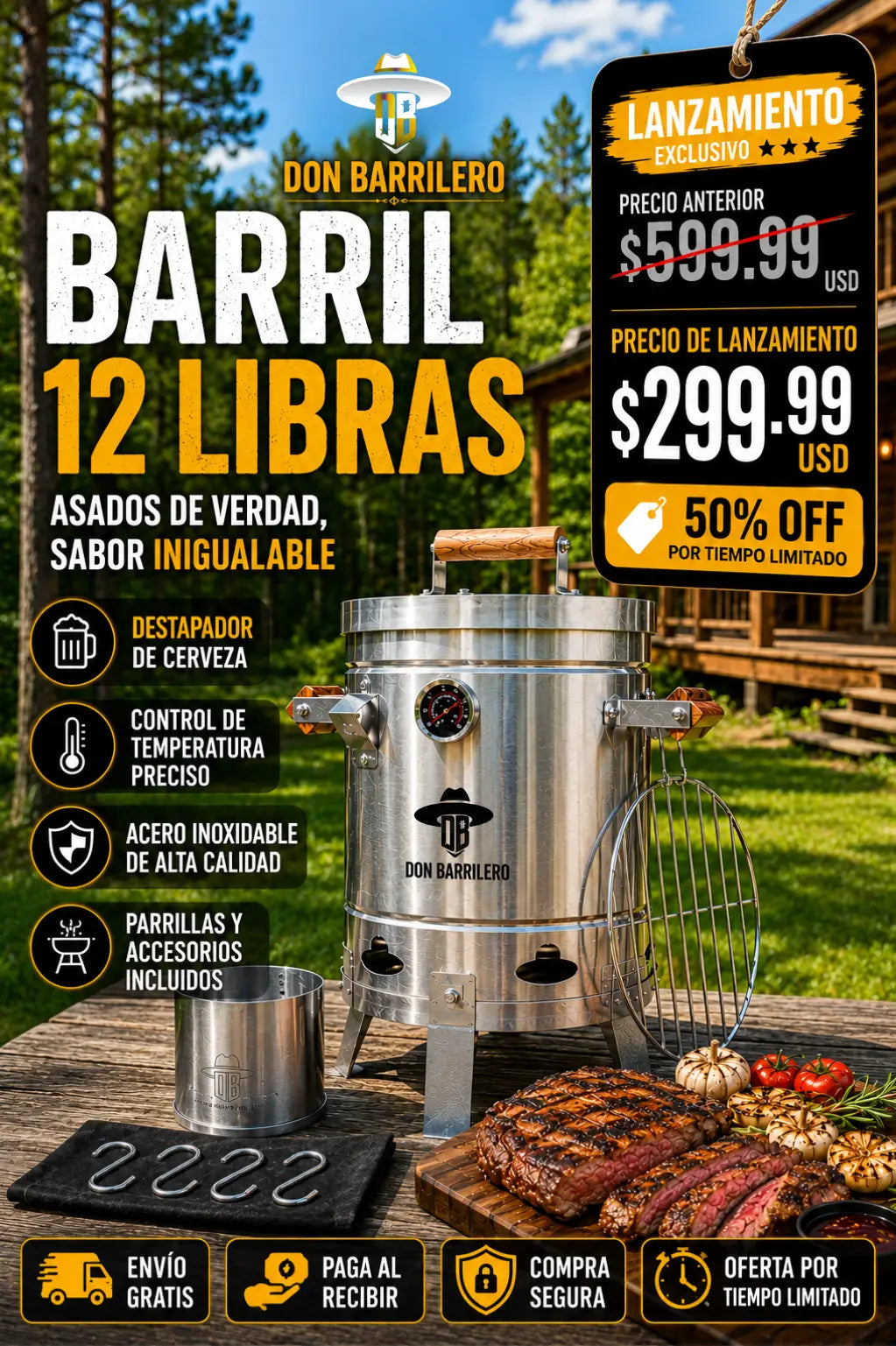PRECIO DE REMATE BARRIL ASADOR 12 LIBRAS ¡POR SOLO $299.99!